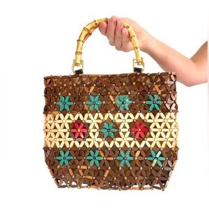 Vtg Bamboo Handle Wooden Beaded Floral Design Clutch Handbag Magnetic Closure